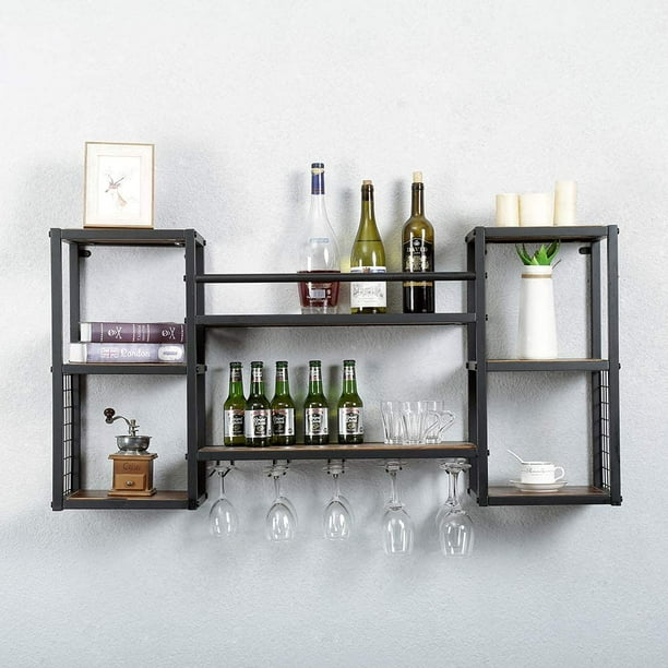 Industrial Hanging Wine Rack Wall Mounted with 5 Stem glass Holder,472in  Rustic Wine glass Rack Wall Mount,Wine glass Shelf Metal Floating Bar