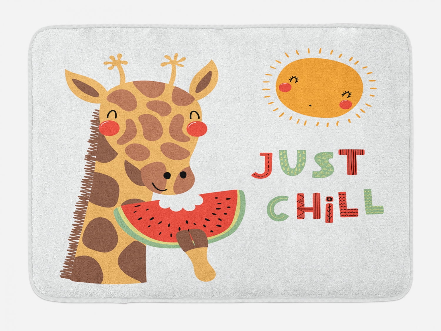 Giraffe Bath Mat, Illustration of Funny Giraffe Eating Watermelon with Sun and Words Just Chill, Plush Bathroom Decor Mat with Non Slip Backing, Giraffe Bath Mat, Illustration of Funny Giraffe Eating Watermelon with Sun and Words Just Chill, Plush Bathroom Decor Mat with Non Slip Backing,