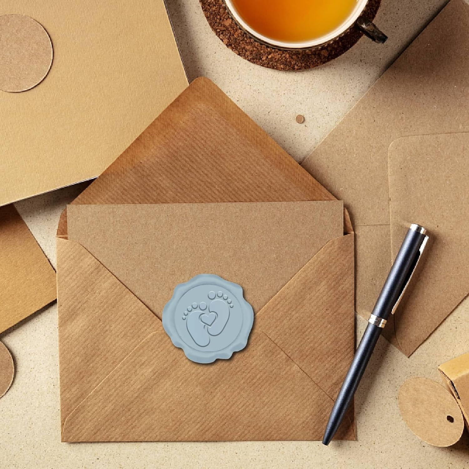 Footprints Wax Seal Stickers Blue Heart Envelope Sealing Stamp Sticker Self Adhesive for Party Invitations Valentine’s Day Wedding Birthday Gift Wrapping Greeting Card DIY Craft Decoration 1set