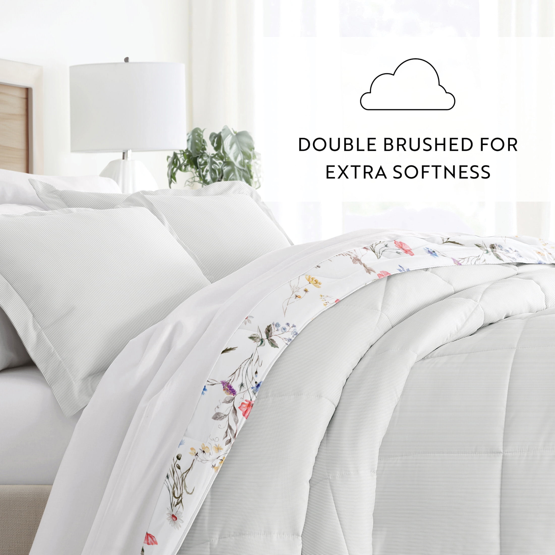 Noble Linens Down Alternative Meadow Floral Stripe Pink Reversible Comforter Set