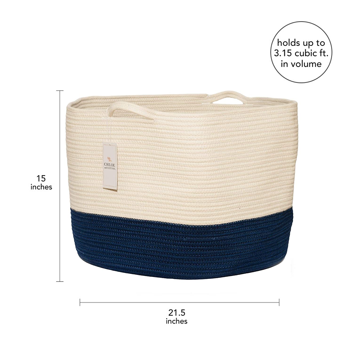 Chloe and Cotton XXXL Extra Large Woven Rope Basket with Handles for Storage - 15" H x 21.5" D - Navy White - image 5 of 5