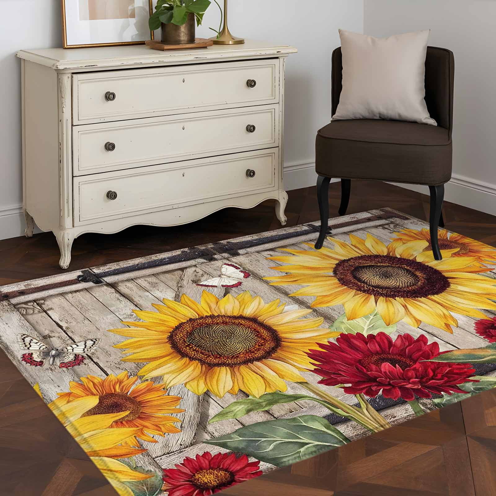 Rectangle Area Rugs 4 x 6 Ft, Sunflowers Non-Slip Residential Carpet, Retro Flower Barn Doors Butterfly Farmhouse Brown Indoor Crawling Mats Runner Rugs for Living Room/Dining Room/Bedroom