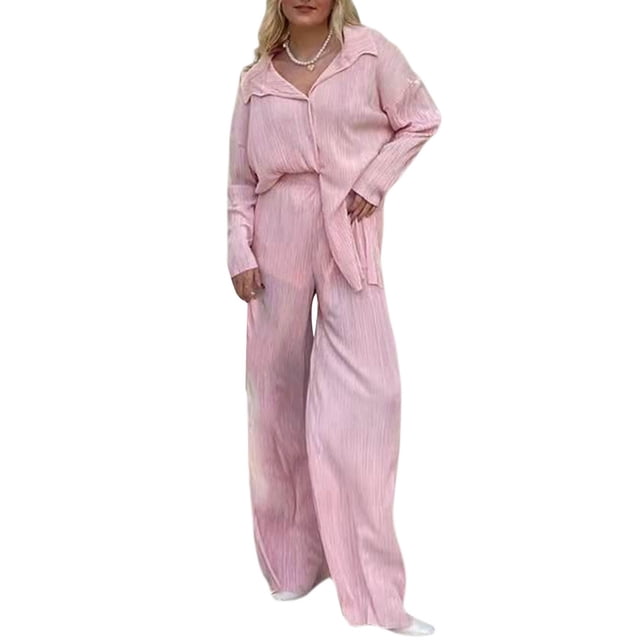 SAYOO Traje de dos piezas para mujeres, camisa de botón de manga larga + traje de pantalones SAYOO moda