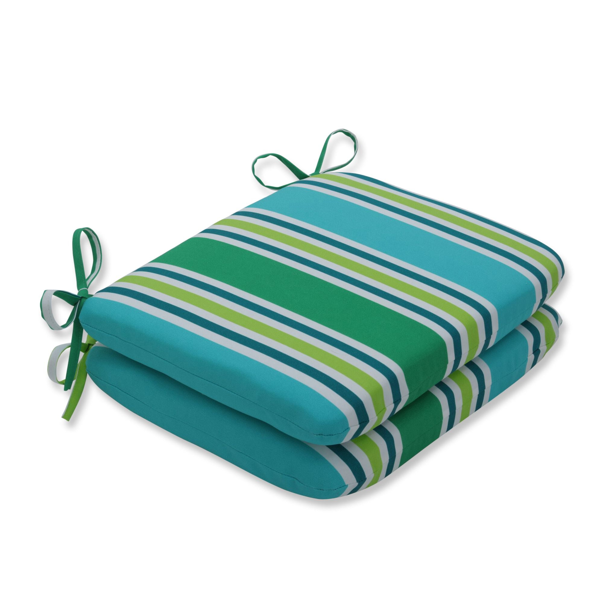 Set of 2 Blue and Green Striped Outdoor Patio Seat Cushions with Ties