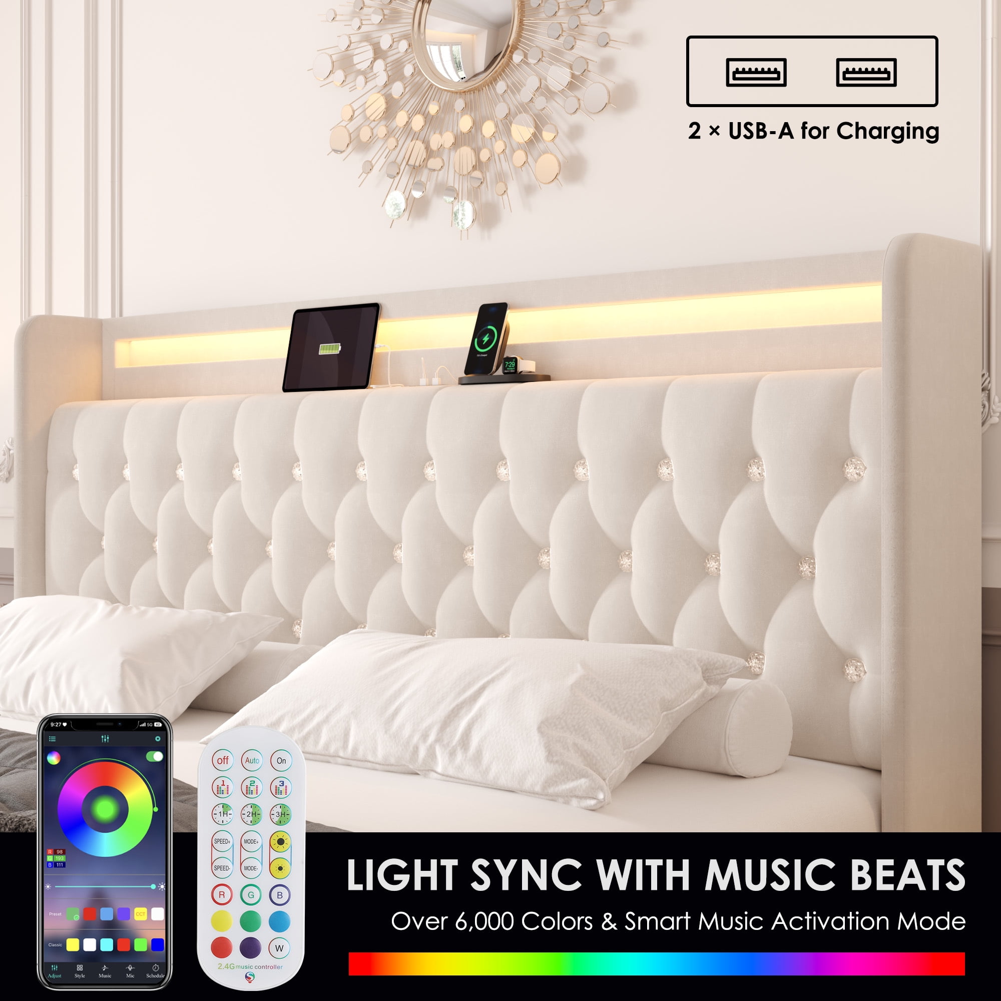 Homfa Full Size LED Bed Frame with Outlets and USB Ports, 4 Storage Drawers Modern Wingback Crystal Button Tufted Velvet Upholstered Platform Bed Frame, Beige