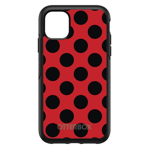DistinctInk OtterBox Symmetry Custom Case for Apple iPhone 15 (6.1" Screen) - Black & Red Polka Dots - Lightweight Grip