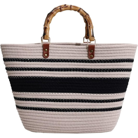 Kukuzhu Straw Beach Bag, Straw Tote Bag for Women with Bamboo Handles Summer Vacation Woven Beach Bag Shoulder Handbag