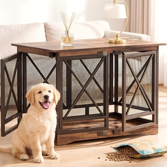 48 Inch Wooden Dog Crate Furniture, Double Door Anti-Chew Indoor Kennel Side Table Brown