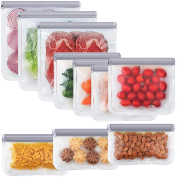 10 Pack Dishwasher Safe Reusable Bags, Leakproof Reusable Freezer Bags, Silicone and BPA Free Reusable Storage Bags for Marinate Food Travel - 3 Gallon 4 Sandwich 3 Snack Bags