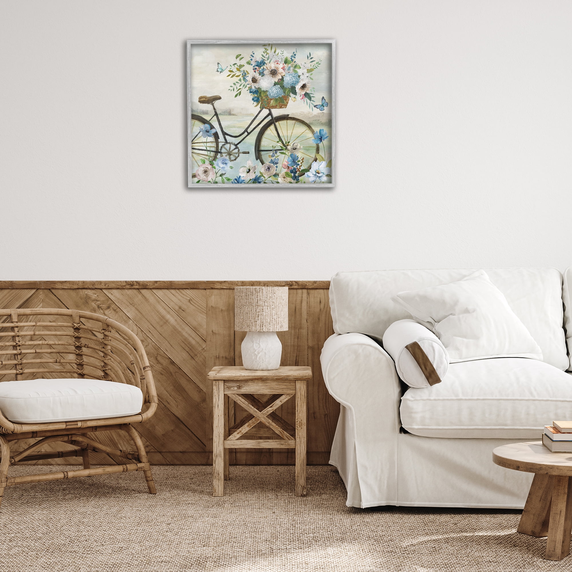 Stupell Industries Floral Bicycle & Butterflies Transportation Painting Gray Framed Art Print Wall Art, 24 x 24