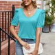 thumbnail image 2 of Top de manga corta abombada para mujer, Color puro, cuello en V, corte holgado, informal, elegante, jersey de verano, Top azul lago XL, 2 of 6