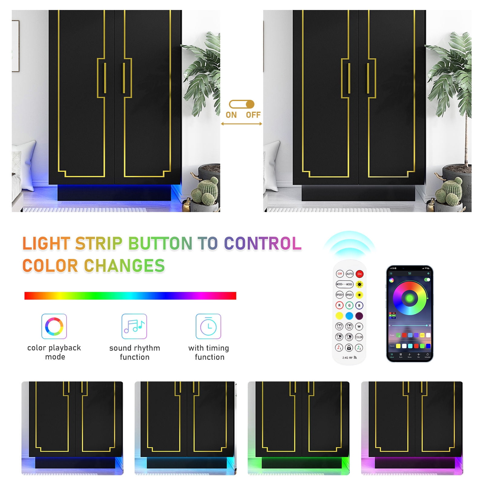 Blotout 70" Armoire Wardrobe Closet with LED Lights, Modern 2 Doors Adult Wood Closet Storage Cabinet with Hanging Rod&RGB LED 6000 Color Lights/5-Tier Storage Shelves