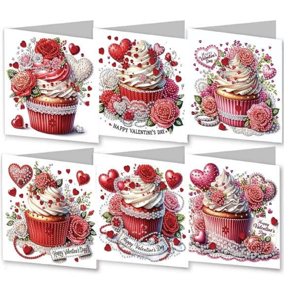 FLOPESN 6Pcs Folding Greeting Card DIY Diamond Art Painting Creative Thank You Cards Set for Birthday Christmas Valentine's Day Crafts Gift-Cupcakes