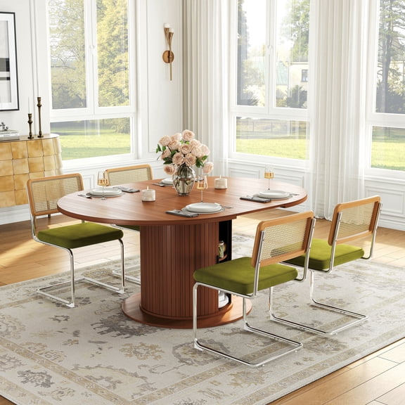 5-Piece Extendable Dining Table Set, 47 to 63" Wood Grain Table with Storage Pedestal and 4 Rattan Velvet Chairs for Apartments and Living Rooms
