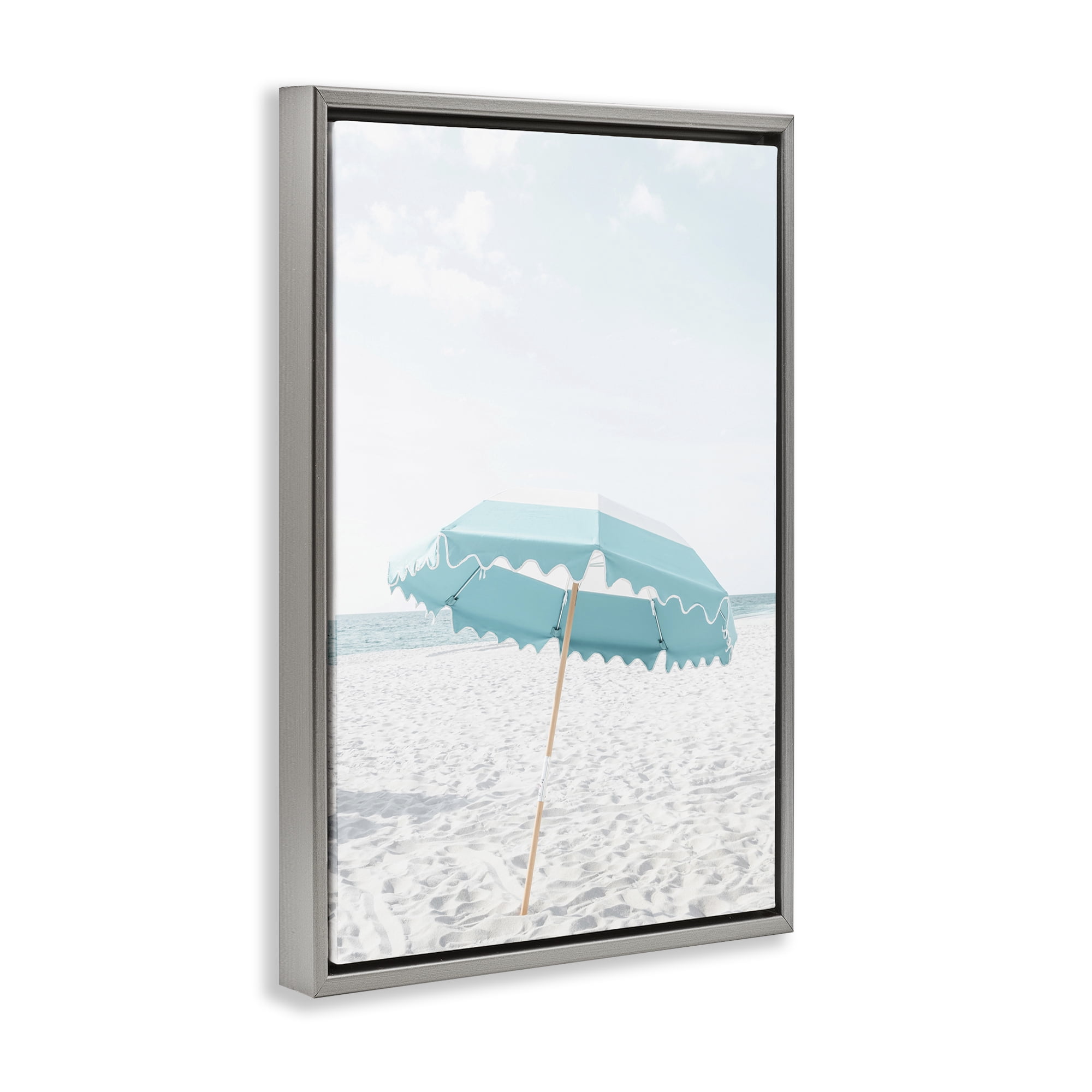 Stupell Industries Lone Blue Beach Umbrella Nautical & Beach Photography Gray Floater Framed Canvas Art Print Wall Art, 21 x 31