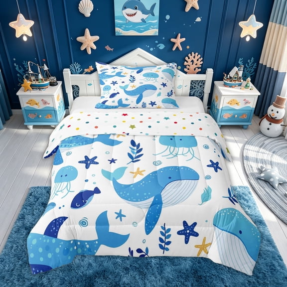 meiyoeat Cute Ocean Jellyfish Star Whale Twin Comforter Sets for Boys Girls, Kawaii Marine Wildlife Bedding Set, Blue White, Polkadot Reversible, 2-Piece, 1 Comforter and 1 Pillowcase