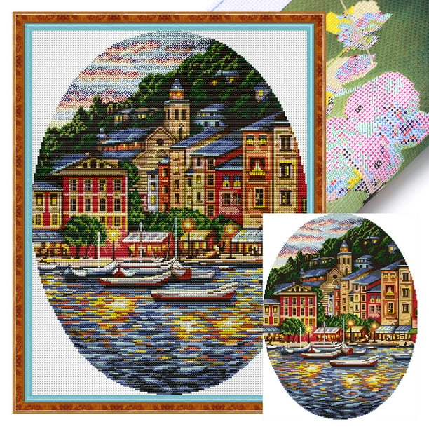 (FA460) Hilo Algodón Ecológico Bordado No Manchú 14CT 2 Hebras Impresión 34*46cm Kit Serie Paisaje Punto Cruz Coastal Town (borde Gancho)