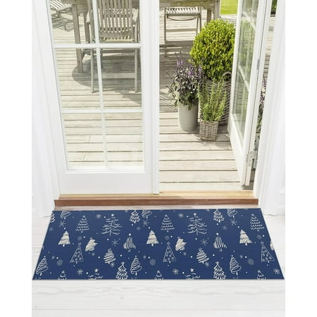 

Entryway Door Mat Long Rug Non Slip Floor Mats Low Profile Bathroom Kitchen Rugs Christmas Simple Hand Painted Xmas Tree Blue Front Doormat 16x24inch