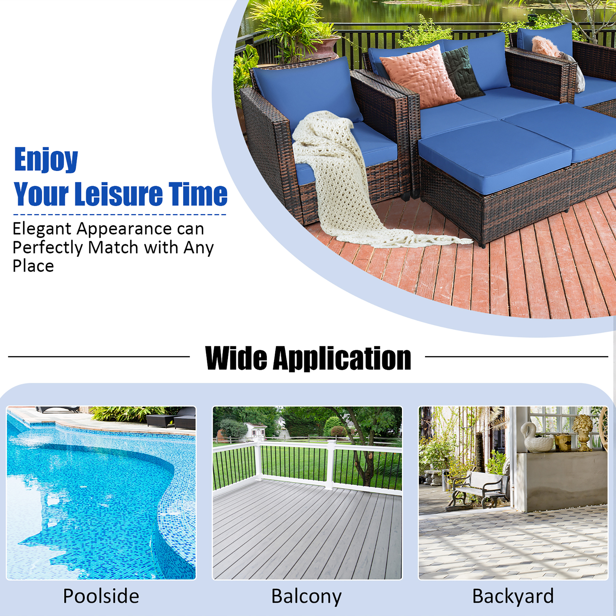 Costway 5PCS Patio Rattan Furniture Set Loveseat Sofa Ottoman Cushioned Navy