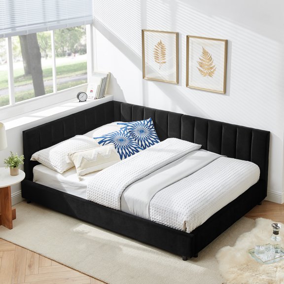 Newest Full Size Upholstered Daybed with Tufted Backrest & Armrests, Velvet Sofa Bed Frame for Bedroom & Living Room, Black