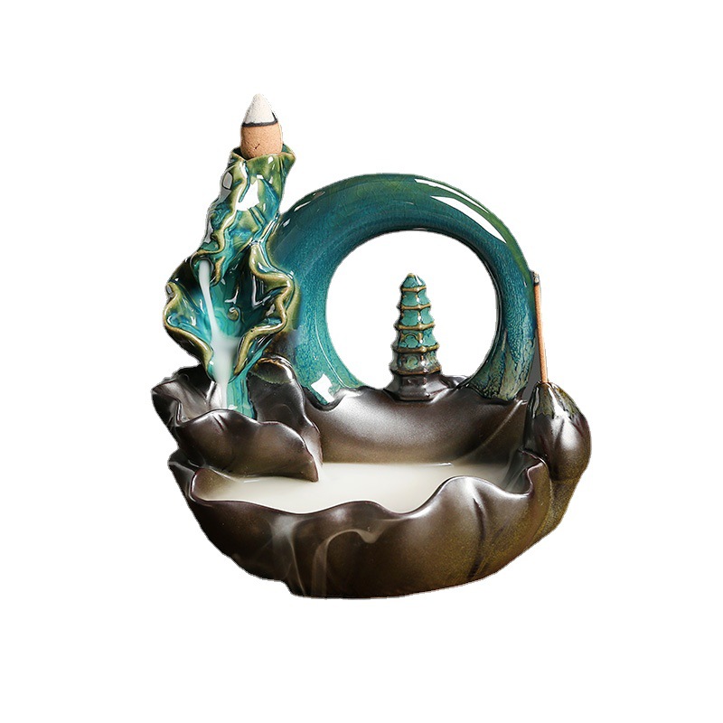 Ceramic Lotus Backflow Incense Burner Creative Moon Shape Pagoda Smoke Incense Holder Home Crafts Decoration