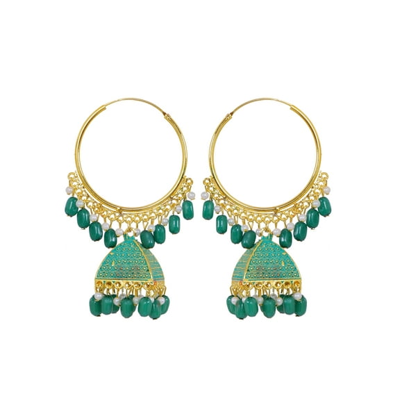Crunchy Fashion Bollywood Jwellery Traditional Ethnic Wedding Bridesmaid designer Ethnic Gold Plated Green Beads & Pearl Large Bali Hoop Jhumka/Jhumka Earrings
