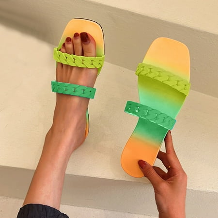 

〖Yilirongyumm〗 Green 40 Slippers For Women Spring Colorful Summer Women s Chain And Flat Sandals Rainbow Beach Slippers Fashion Women s Slipper