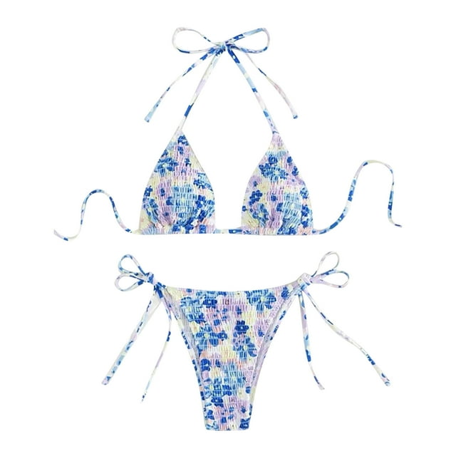Women's Plus Size Swimsuits, Womens Triangle Bikini Set String Swimsuit Print Tie Smocked Ruched Two Piece Bathing Suit S-XL Womens Swimsuits