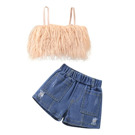 

Frobukio Kids Little Girls Denim Shorts Sets Sleeveless Plush Sling Vest + Short Ripped Jeans Shorts with Pockets Apricot 3-4 Years