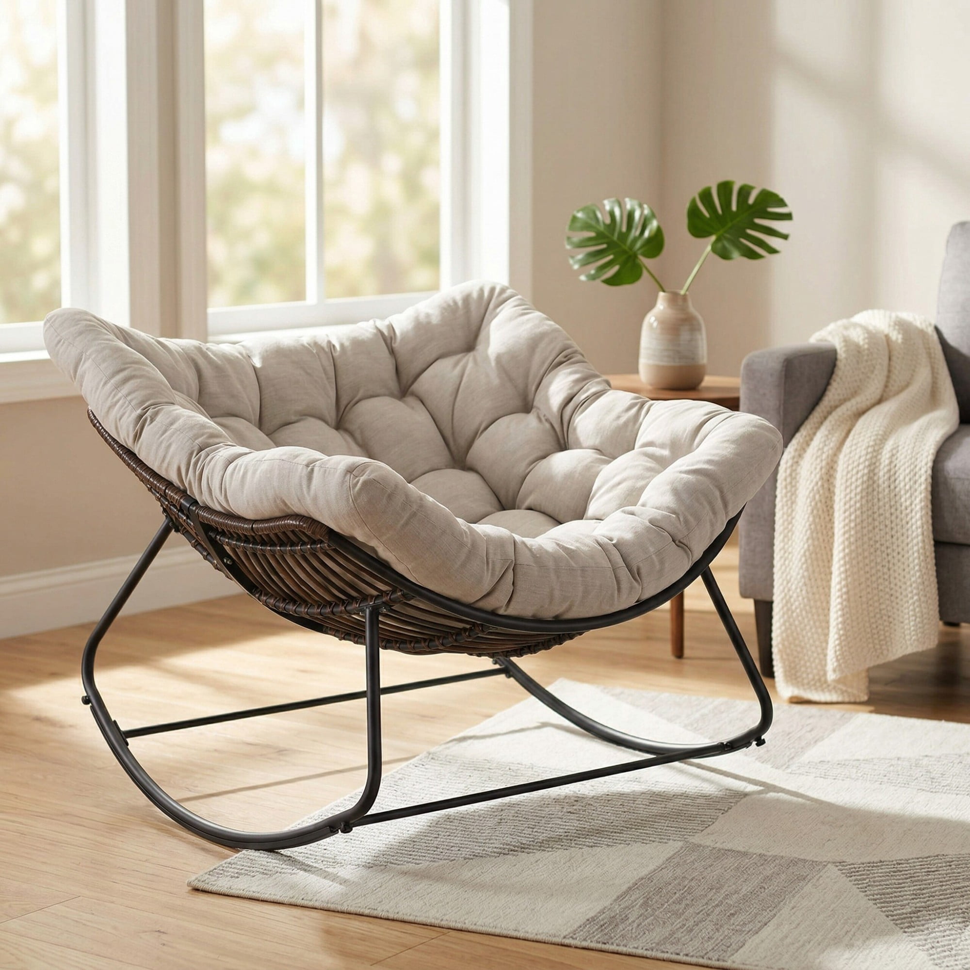 Outdoor Papasan Rocking Chair Oversized, Rattan Egg Rocker Chair with Padded Cushion, 400lbs Patio Wicker Rocking Chair for Living Room Porch Backyard, Light Gray