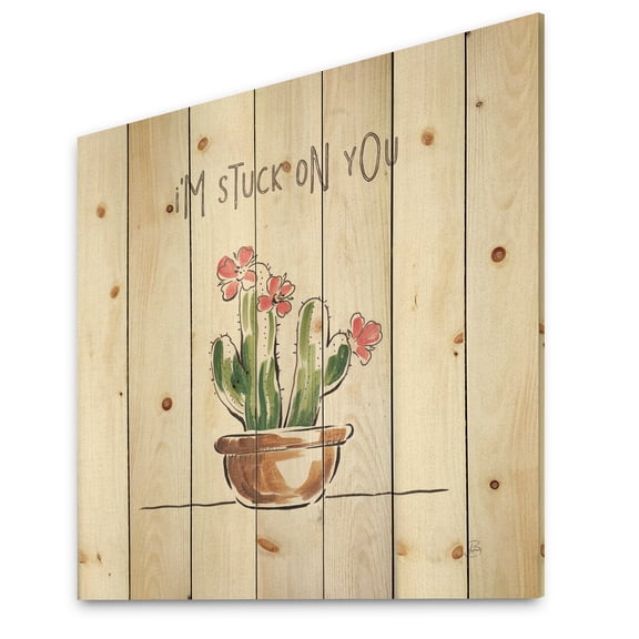 Designart 'Desert Botanical Bloom In Claypots II' Cabin & Lodge Print on Natural Pine Wood