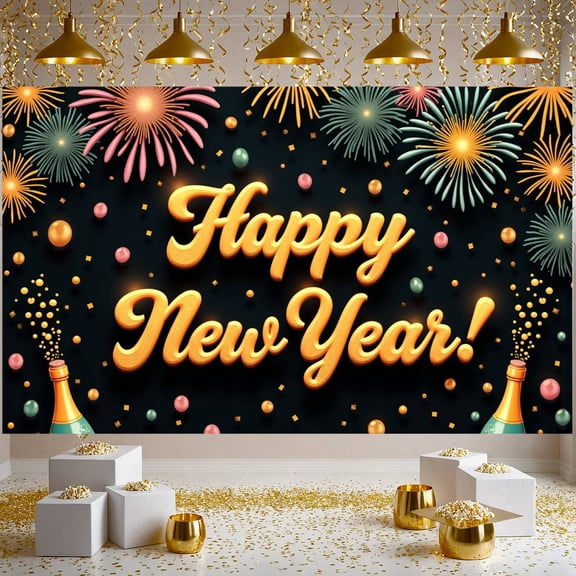 Colorful Fireworks Happy New Year Banner Gold Lettering New Year Display Festive Confetti Shiny Baubles Holiday Background for New Year Party Holiday Celebration Indoor Decoration