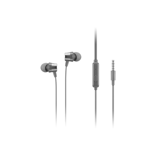 Lenovo - Auriculares internos analógicos 110 - Micrófono en línea - Conectividad de 3,5 mm - Botón de reproducción y pausa - 3 tamaños de almohadillas incluidas, gris