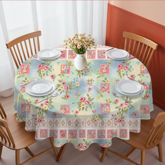 Pioneer Flower Floral Print Pattern Round Tablecloth 60 X 60 Inch, Wrinkle Resistant Wipeable Table Cloth for Kitchen Dining Picnic Patio Party