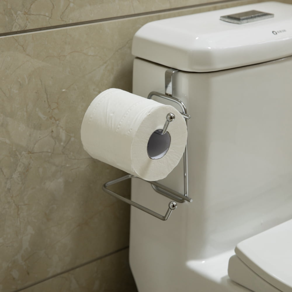 Basicwise Over-the-Side Tank Double Toilet Paper Holder Compact Modern Bathroom Organizer Practical Storage Rack for Extra Rolls