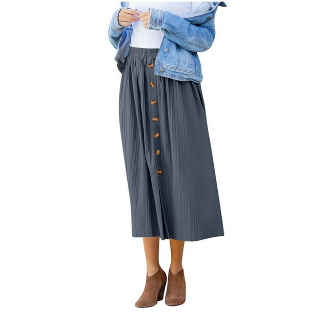 Cinvoph Womens Button Midi Skirts Casual Vocation Holiday Skirt High Waist Elastic Ruffle Flowy Skirts