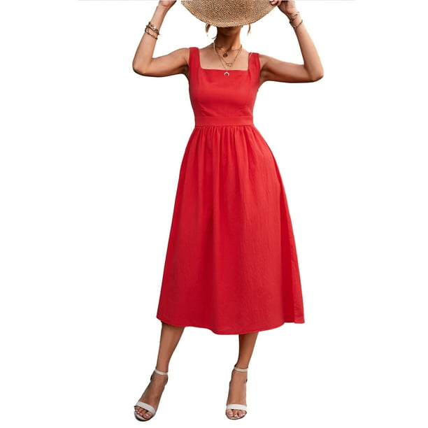 Square neck dress best sale red