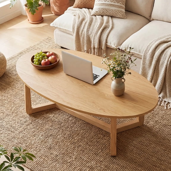 Auranook 46” Oval Coffee Table w/Thickened Top & Solid Rubber Wood Frame for Living Room