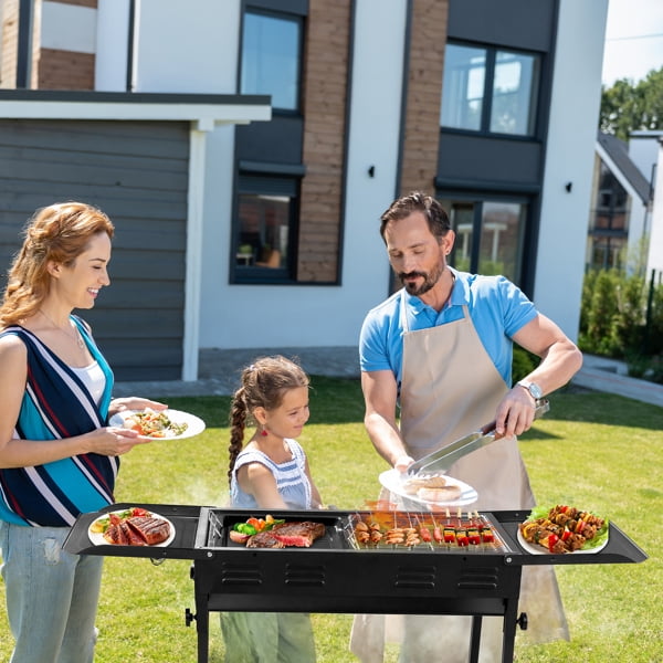 Portable 2-in-1 Charcoal Grill, Foldable Kabob BBQ with Pan & Grill, Adjustable Height, Storage Trays for Camping/Picnics/Backyard