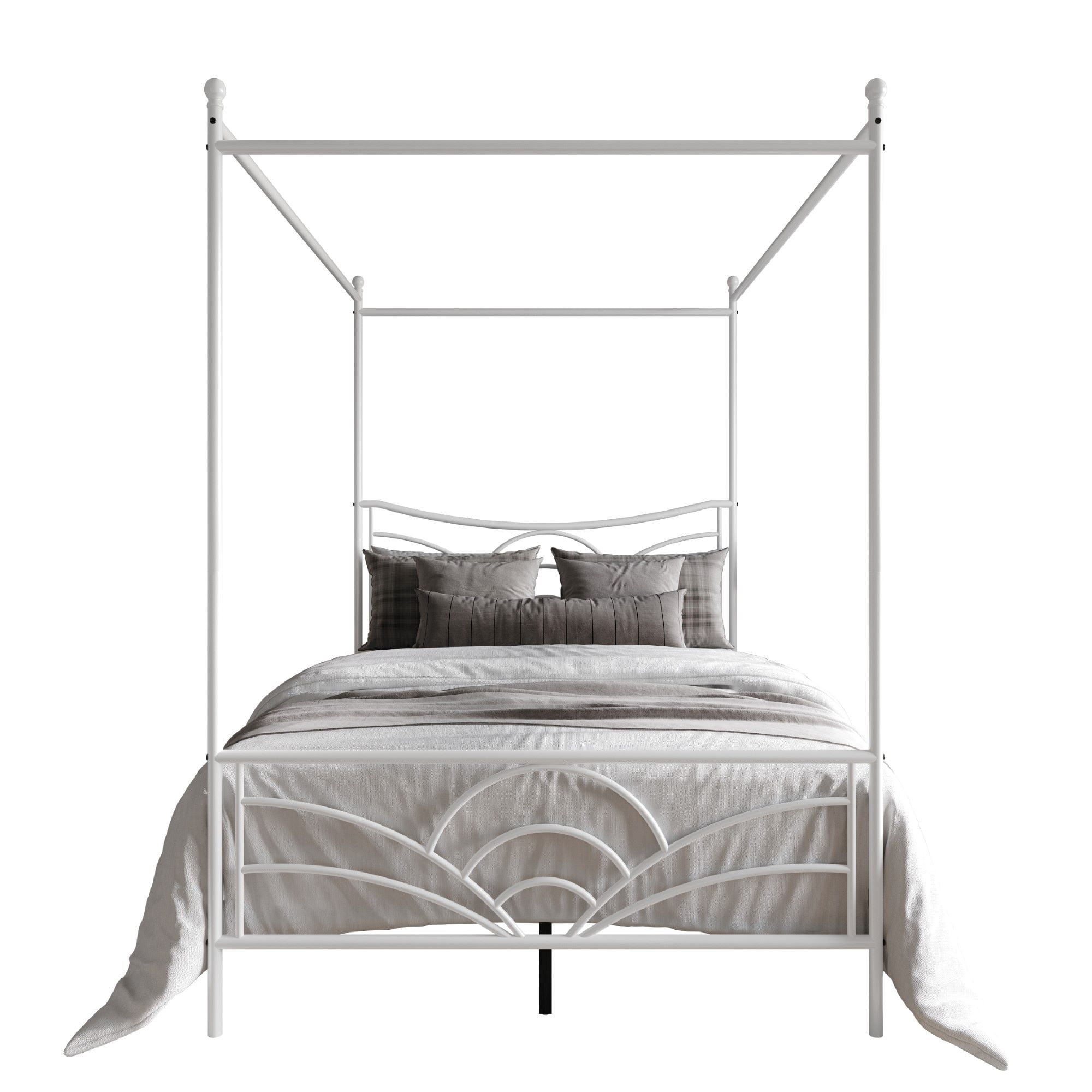 Home Design Denver Full Metal Canopy Bed Frame with Arched Headboard and Central Support Leg, White, Easy Assembly