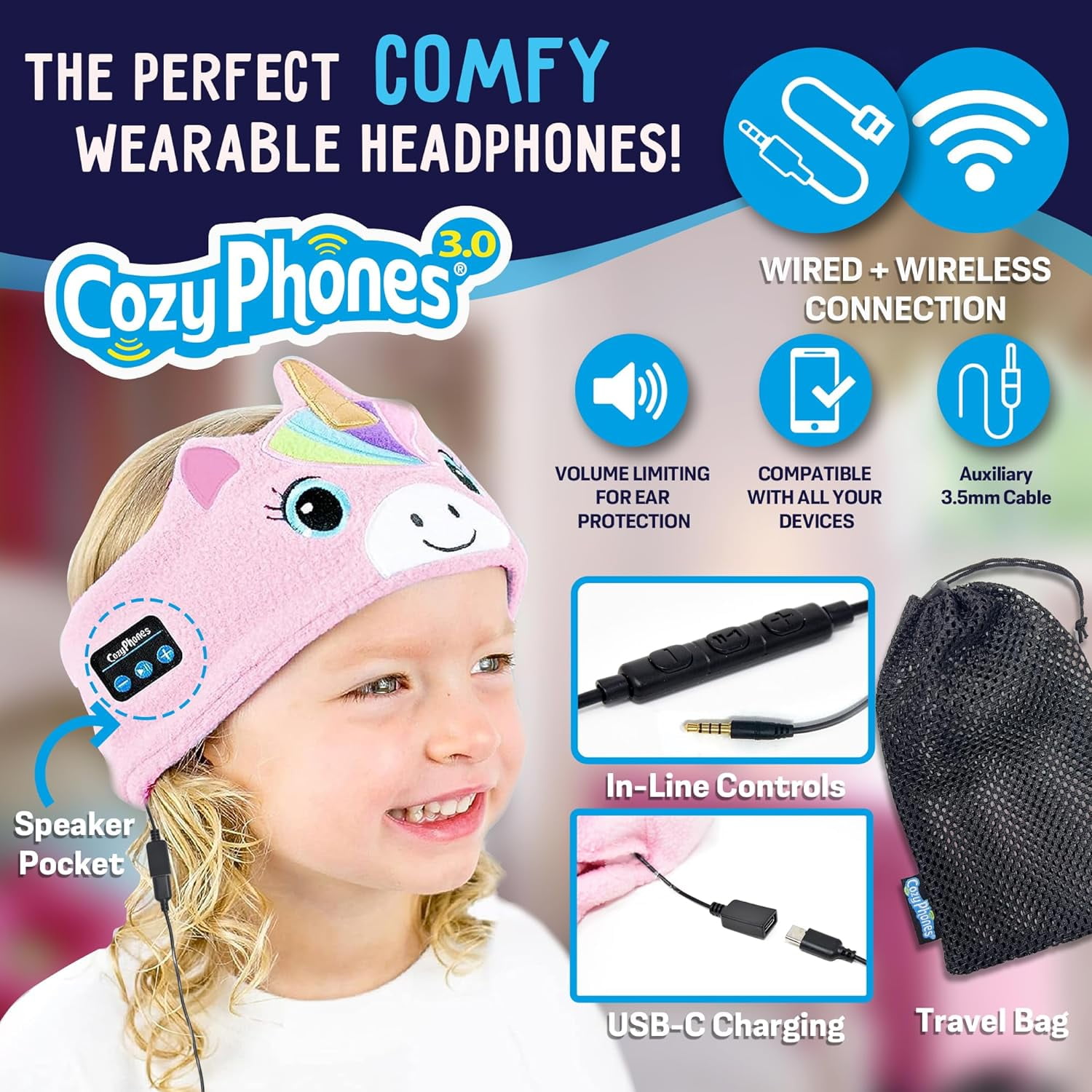 CozyPhones 3.0 Toddler Headphones Wireless and Wired with Volume Limiting, Perfect Toddler Earphones - Includes Wired Option and Travel Bag. Great for Girl or Boy, School, Home and Travel - Unicorn