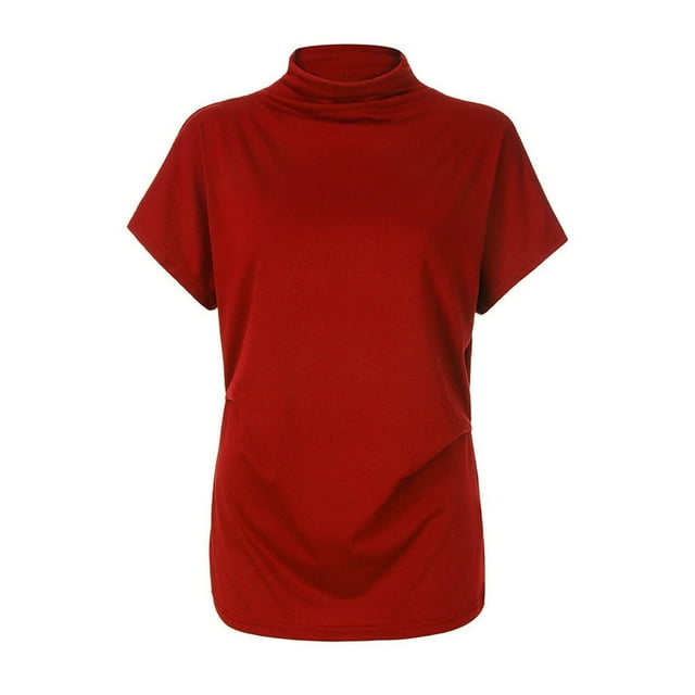 Femmes Col Roulé Manches Courtes Coton Solide Casual Chemisier Haut T-shirt Grande Taille pour les Femmes