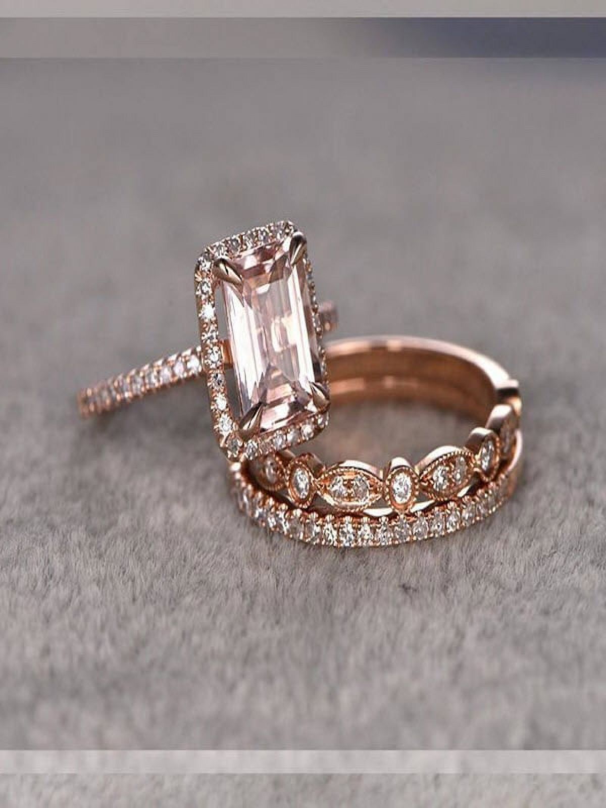 Limited Time Sale 2 Carat Morganite And Diamond Moissanite Trio Ring Set In 10K Rose Gold With One Engagement Ring And 2 Wedding Bands - image 2 of 2