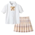 thumbnail image 4 of Girls Uniform Outfit Short Sleeve Puff Sleeve Collared Shirt Plaid Pleated Skirt Set 2 Piece Yellow 3-4 Years, 4 of 6