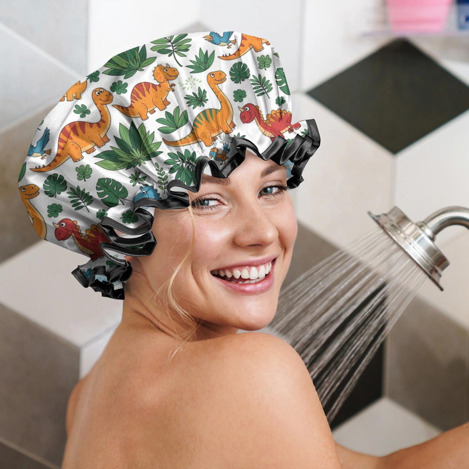 Shower Caps,White Colorful Dinosaurs Jungle Pattern Waterproof Shower Cap for Women 4 Pieces,Double Reusable Hair Cover for Shower PEVA Elastic Stretch Hem