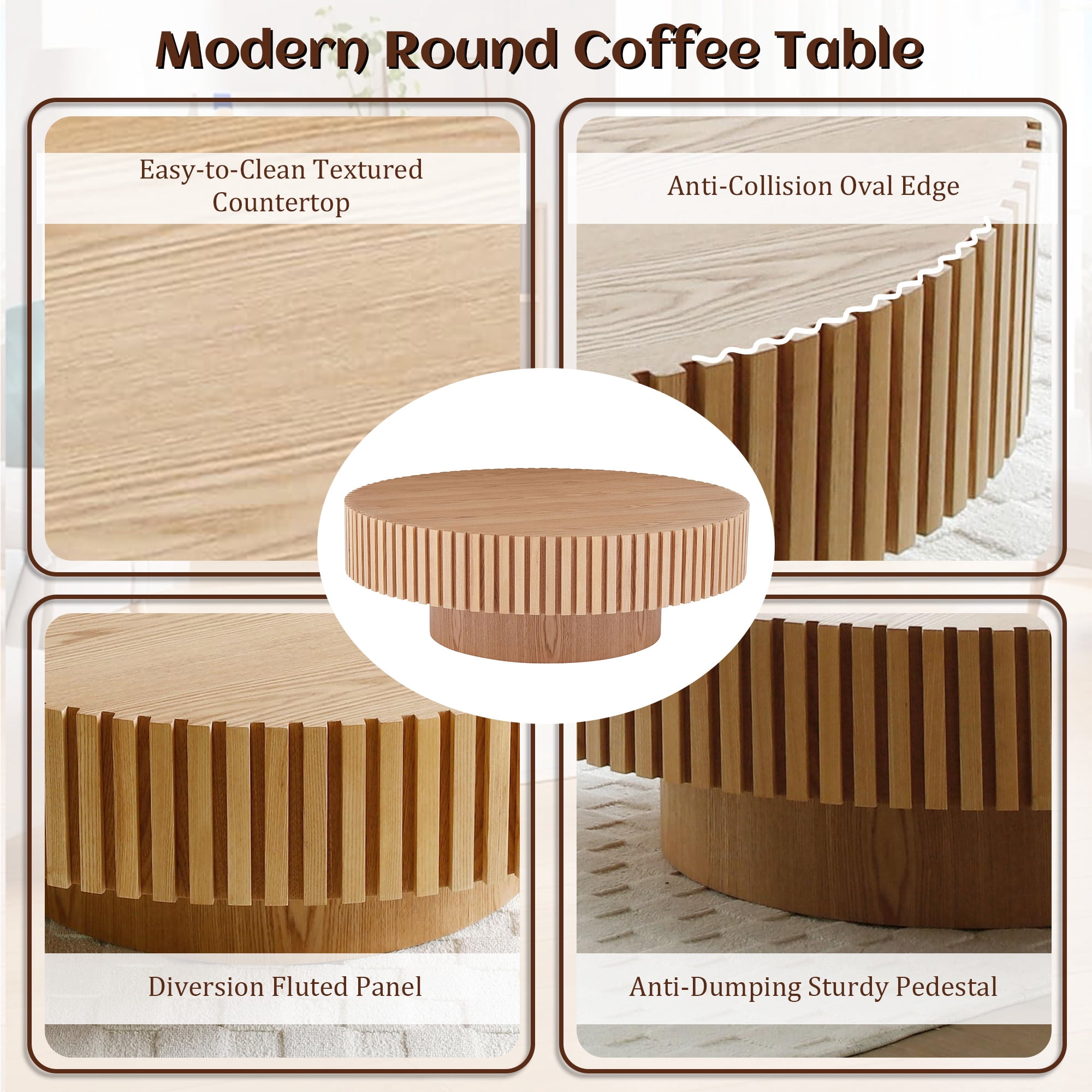 FFH 31.5" Round Coffee Table for Living Room,Rustic Modern Coffee Table with Sturdy Pedestal,Nature Wood Handcraft Corner Coffee Table,Circle Side Table Centre Table for Apartment,Nature