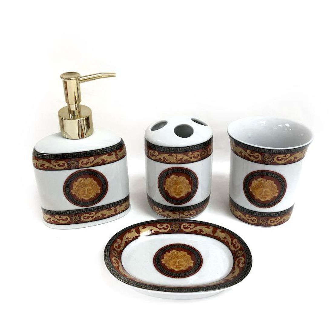 White With Red And Gold Trim Bath Set