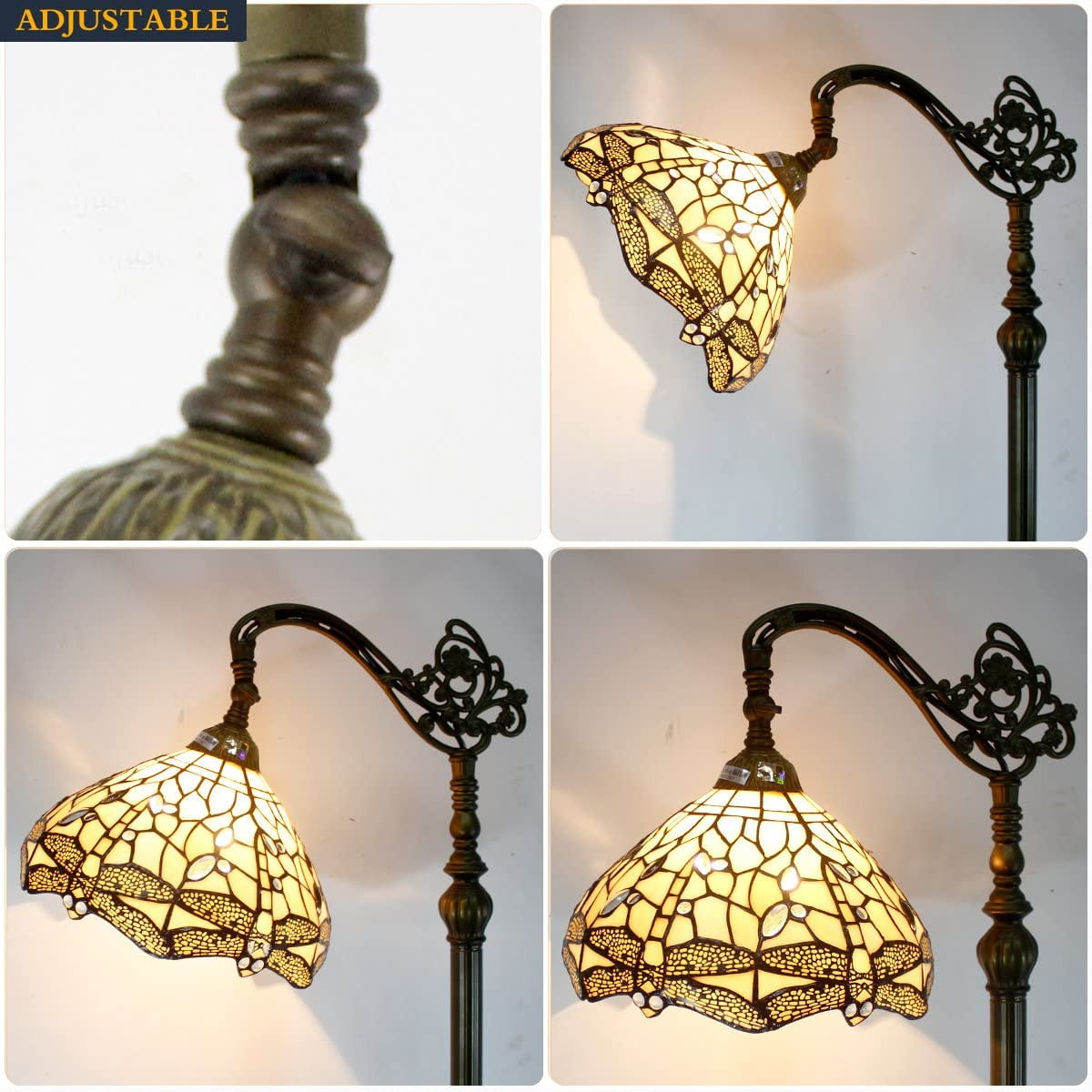 Tiffany Style Reading Floor Lamp Lighting W12H64 Inch 1E26 Cream Stained Glass Crystal Dragonfly Shade Antique Arched Resin Base Foot Switch Easy Assemble S139 LAMPS Lover Home Decoration