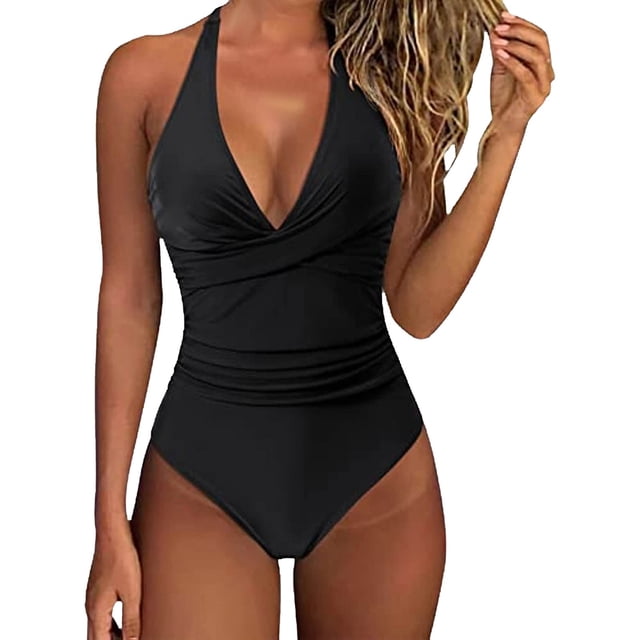 Cathalem Maillots de Bain pour Femmes Résistant au Chlore Col Rond Coupe Douce Maillot de Bain Sportif une Pièce Imprimé, Noir TG