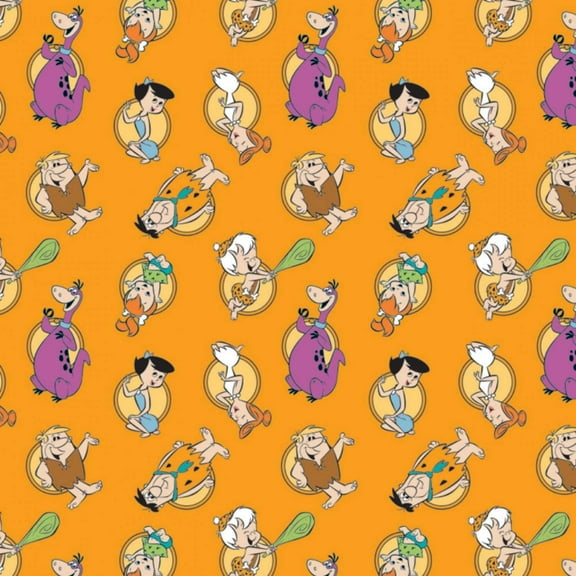 Camelot Fabrics The Flintstones 2 Stone Age Family Tossed Orange 100% Cotton Fabric sold by the yard